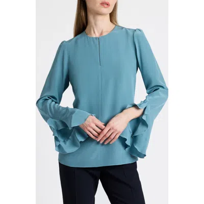 Santorelli Anna Silk Ruffle Cuff Blouse In Blue