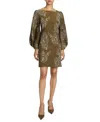 Santorelli Arana Pleated Bishop Sleeves Shift Jacquard Dress In Neutral