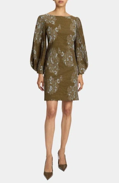 Santorelli Arana Pleated Bishop Sleeves Shift Jacquard Dress In Neutral