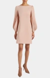 Santorelli Arana Shift Dress With Pleated Bishop Sleeves In Stretch Crepe In Neutral