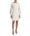 Santorelli Arana Shift Dress With Pleated Bishop Sleeves In Stretch Crepe In White