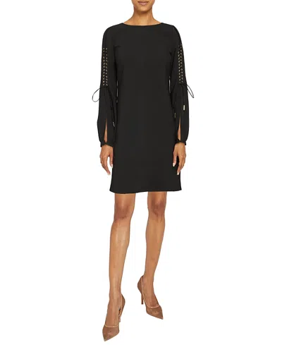 Santorelli Aries Long Sleeve Shift Dress With Grommet Detail In Black