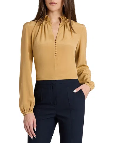 Santorelli Astrid Long Sleeve Silk Ruffle-neck Top In Brown