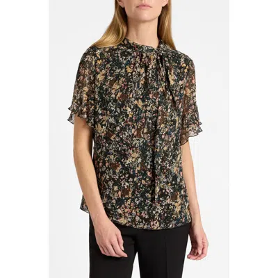 Santorelli Athena Blouse With Short Flutter-sleeves In Evergreen Multi