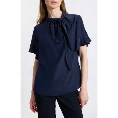 Santorelli Athena Silk Blouse With Short Flutter Sleeves In Blue