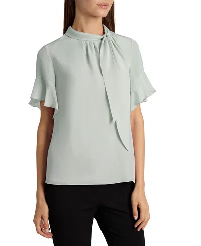 Santorelli Athena Silk Blouse With Short Flutter Sleeves In Green