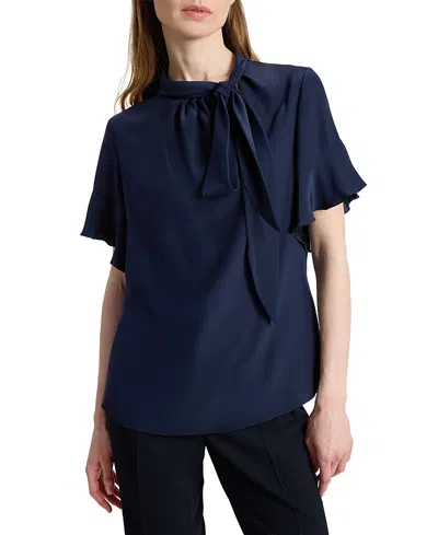 Santorelli Athena Silk Blouse With Short Flutter Sleeves In Blue