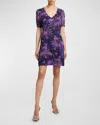 Santorelli Bianca In Floral Abstract Crinkled Georgette Shift Dress In Cool Purple