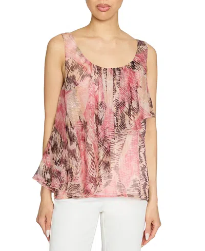 Santorelli Bonnie Sleeveless Ruffled Top In Printed Silk Chiffon In Pink