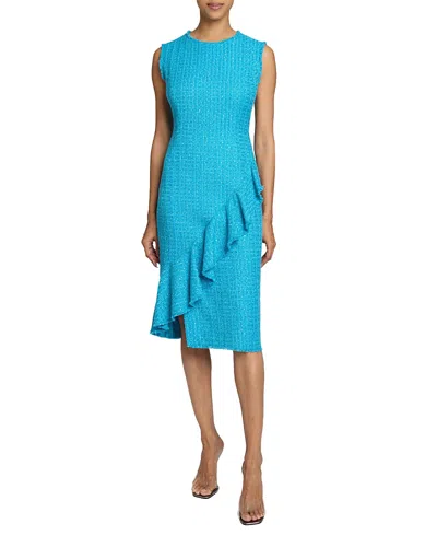 Santorelli Cami Sleeveless Luxury Tweed Sheath Dress With Skirt Ruffle In Aquamarine