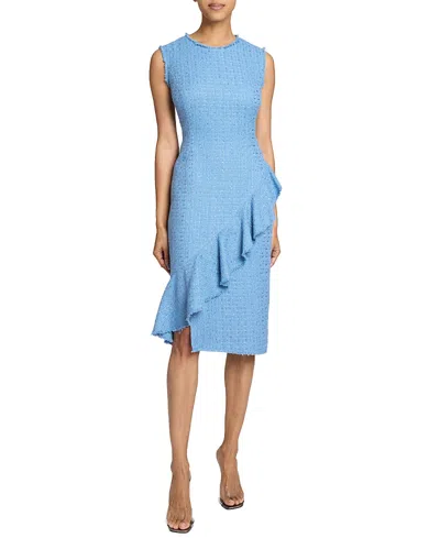 Santorelli Cami Sleeveless Luxury Tweed Sheath Dress With Skirt Ruffle In Marine Blue