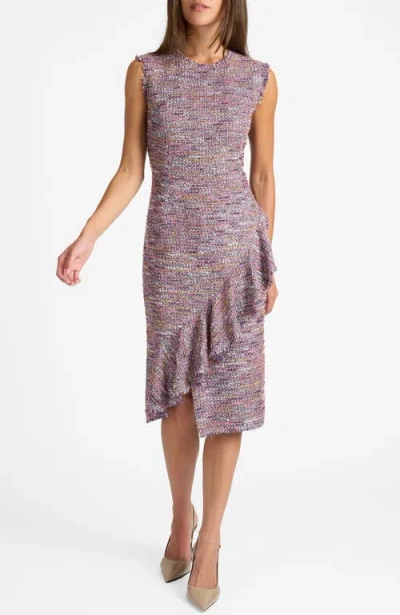 Santorelli Cami Sleeveless Sheath Dress With Skirt Ruffle In Luxury Tweed In Multi