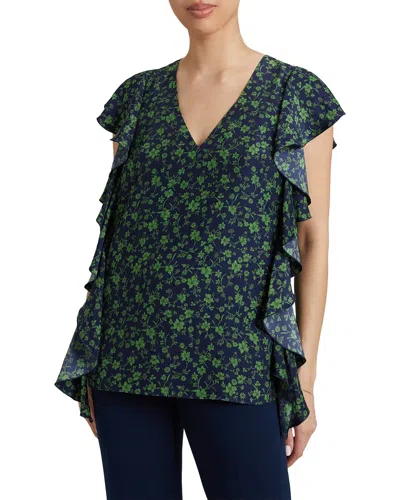 Santorelli Camryn Floral-print Ruffle Blouse In Blue