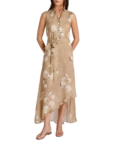 Santorelli Carson Sleeveless Hi-lo Midi Dress In Floral Printed Voile In Neutral