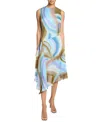 Santorelli Cecilia Sleeveless Abstract Swirl Print Midi Dress With Asymmetrical Hemline In Aquamarine Multi