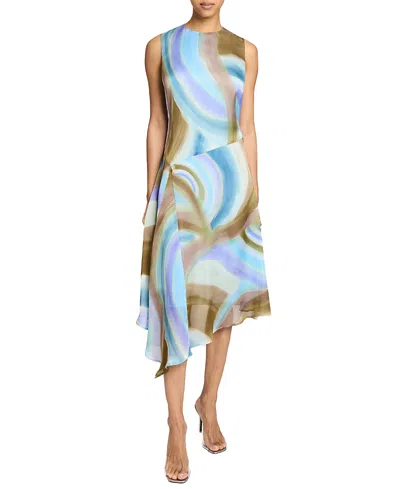 Santorelli Cecilia Sleeveless Abstract Swirl Print Midi Dress With Asymmetrical Hemline In Aquamarine Multi