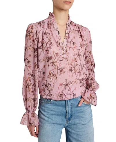 Santorelli Chelsea Long Sleeve Ruffle Neck Blouse In Printed Georgette In Pink