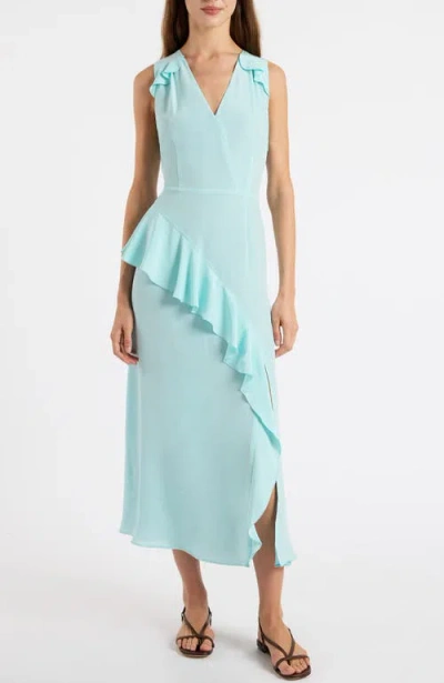 Santorelli Cona Silk Midi Dress With Ruffle Panel In Blue
