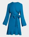 Santorelli Nola Long Sleeve Keyhole Knee-length Dress In Silk Georgette In Aquamarine