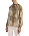Santorelli Dakota Mock Neck Printed Blouse With Long Lantern Sleeves In Brown