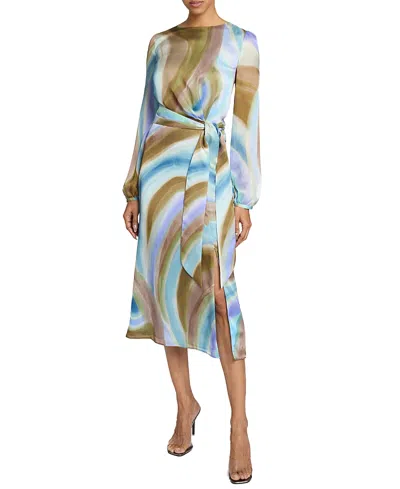 SANTORELLI DORIA LONG SLEEVE MIDI DRESS WITH WAIST TIE IN ABSTRACT SWIRL PRINT