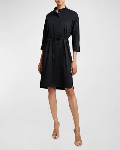 Santorelli Drawstring Cotton Midi Shirtdress In Black