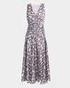 Santorelli Eden Sleeveless Fit And Flare Midi Dress With Center Ruching In Graphic Printed Charmeuse In Ocean Mist