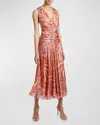 Santorelli Eden Ruched Swirl-print Charmeuse Midi Dress In Raspberry