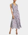 Santorelli Eden Sleeveless Fit And Flare Midi Dress With Center Ruching In Graphic Printed Charmeuse In Ocean Mist