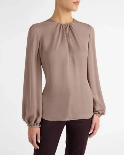 Santorelli Elena Long Sleeve Twist Neckline Blouse In Neutral