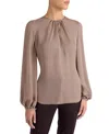 Santorelli Elena Silk Charmeuse Long Sleeve Twist Neckline Blouse In Brown