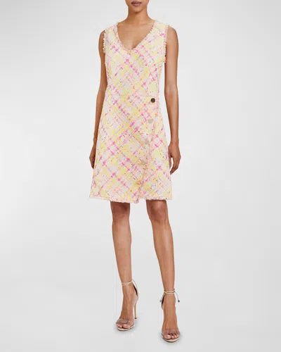 Santorelli Elia Sleeveless Fringe-trim Tweed Midi Dress In Petal Pink