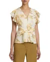 Santorelli Ella Flutter Sleeve Buttoned Blouse With Waist Panel In Floral Printed Cotton Cloque In Chamomile