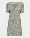 Santorelli Bianca A-line Shift Dress With Puff Sleeves In Abstract Stretch Cotton Cloque In Aloe