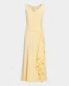 Santorelli Emerson Sleeveless Silk Midi Dress With Skirt Side Cascading Ruffles In Chamomile