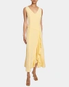 Santorelli Emerson Sleeveless Silk Midi Dress With Skirt Side Cascading Ruffles