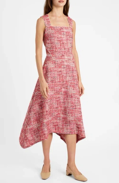 Santorelli Enza Midi Sleeveless Handkerchief Dress In Modern Tweed In Red