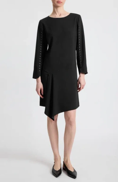 Santorelli Essie Shift Dress With Grommet Detail In Soft Crepe In Black