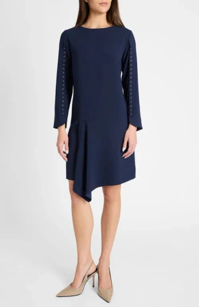 Santorelli Essie Shift Dress With Grommet Detail In Soft Crepe In Blue