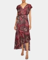 Santorelli Fallon Cap Sleeve Midi Fit And Flare Dress With Hi-lo Skirt In Silk Modern Gingham Floral Print In Cherry Cola