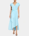 Santorelli Fallon Cap Sleeve Midi Fit And Flare Dress With Hi-lo Skirt In Silk Crepe De Chine In Ocean Mist