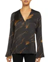 Santorelli Flared Long Sleeved Smooth Woven Abstract Print Blouse In Black