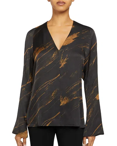 Santorelli Flared Long Sleeved Smooth Woven Abstract Print Blouse In Black