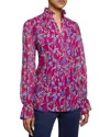 Santorelli Floral Print Smocked Shoulder Blouse In Dark Magenta