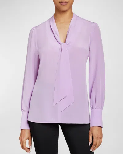 Santorelli Francis Tie-neck Crepe De Chine Blouse In Lavender