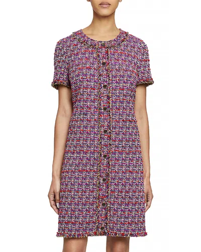 Santorelli Fringe Trim Tweed Shift Dress In Magenta Multi