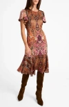 Santorelli Grazia Flutter Sleeve Sheath Dress In Printed Charmeuse In Multi