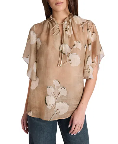 Santorelli Guita Flutter Sleeve Blouse In Floral Voile In Neutral