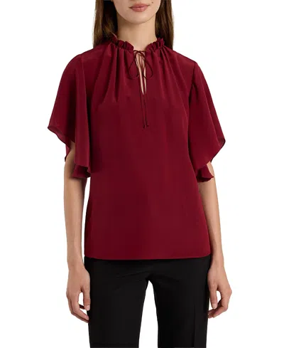 Santorelli Guita Flutter Sleeve Silk Blouse In Red