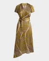 Santorelli Haley Cap Sleeve Faux Wrap Hi Lo Midi Dress In Printed Charmeuse In Coconut